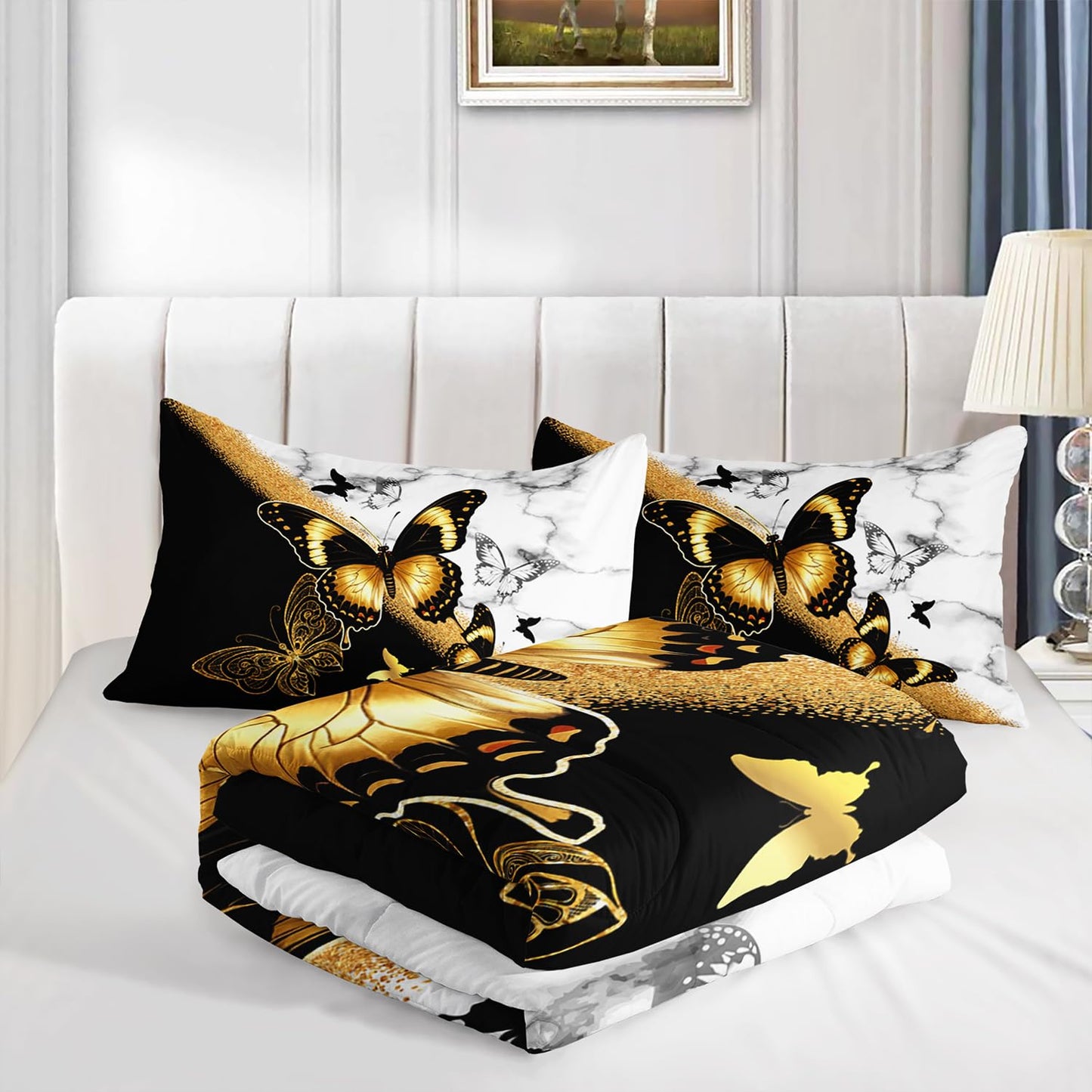 UEVBF Kids Bedding Queen Size Comforter Set,Black and Gold Butterfly Bedding Comforter Sets for Boys Girls Room Decor,Animal Themed Artistic Aesthetic Bedding Sets with 2 Pillowcases.