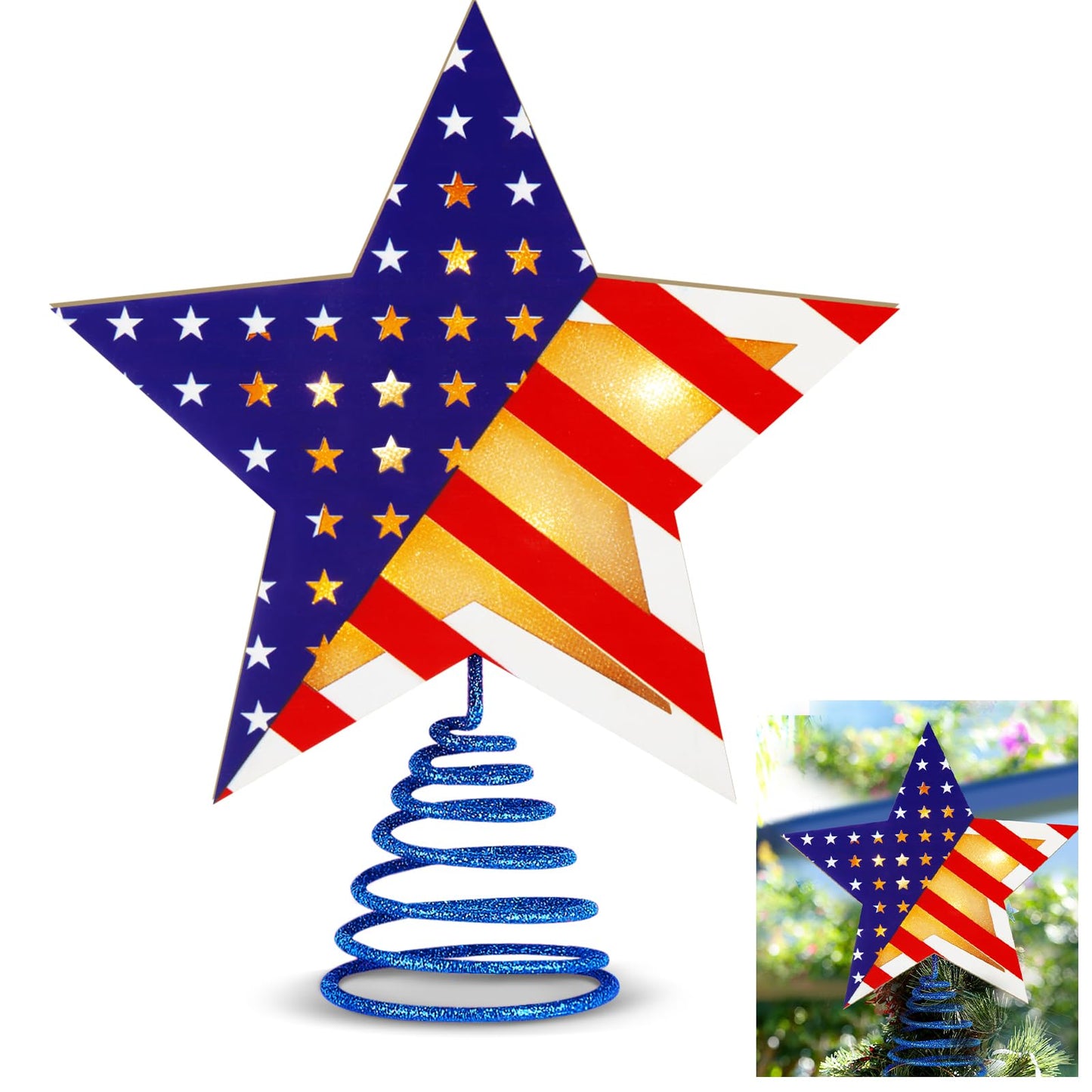 Craftsatin 9.2 Inch 4th of July Tree Topper Wooden Red White and Blue Patriotic 250th Star Tree Topper Happy Independence Day with LED Light for Party Decoration Tabletop Display Birthday Gift