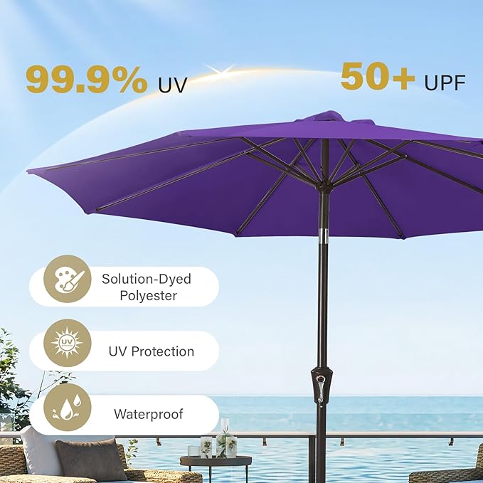 MEWAY 9ft Patio Umbrella Outdoor Table Umbrellas with Push Button Tilt and Crank, Market Umbrella 8 Sturdy Ribs for Deck, Garden, Pool and Backyard, Dark Purple