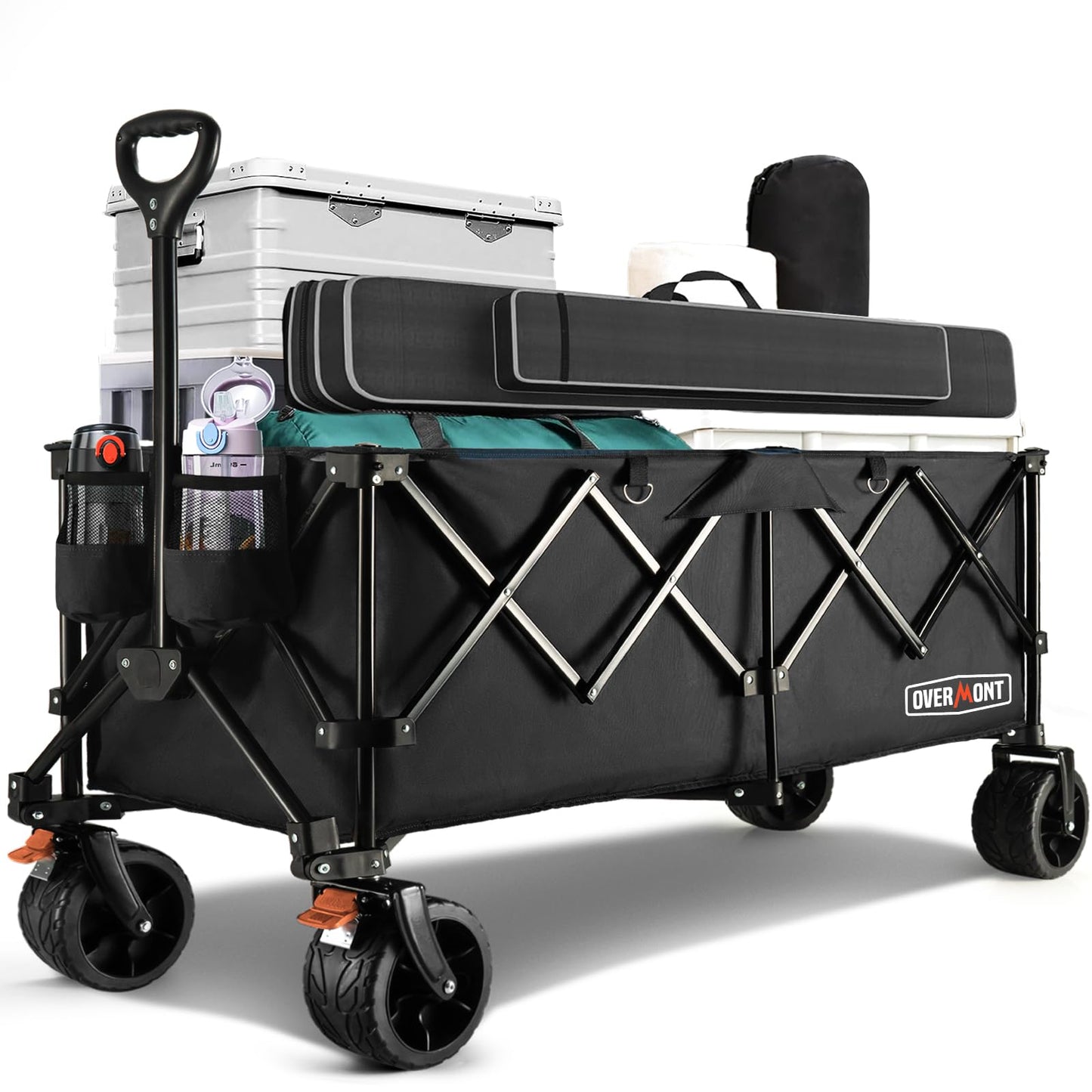 Overmont 300L Extra Large Folding Festival Trolley Cart - All-terrain Wide Wheels and Brake - Heavy Duty Cart Load up 200KG - with Adjustable Handle & Cover Bag - Wagon for Beach Camping Garden