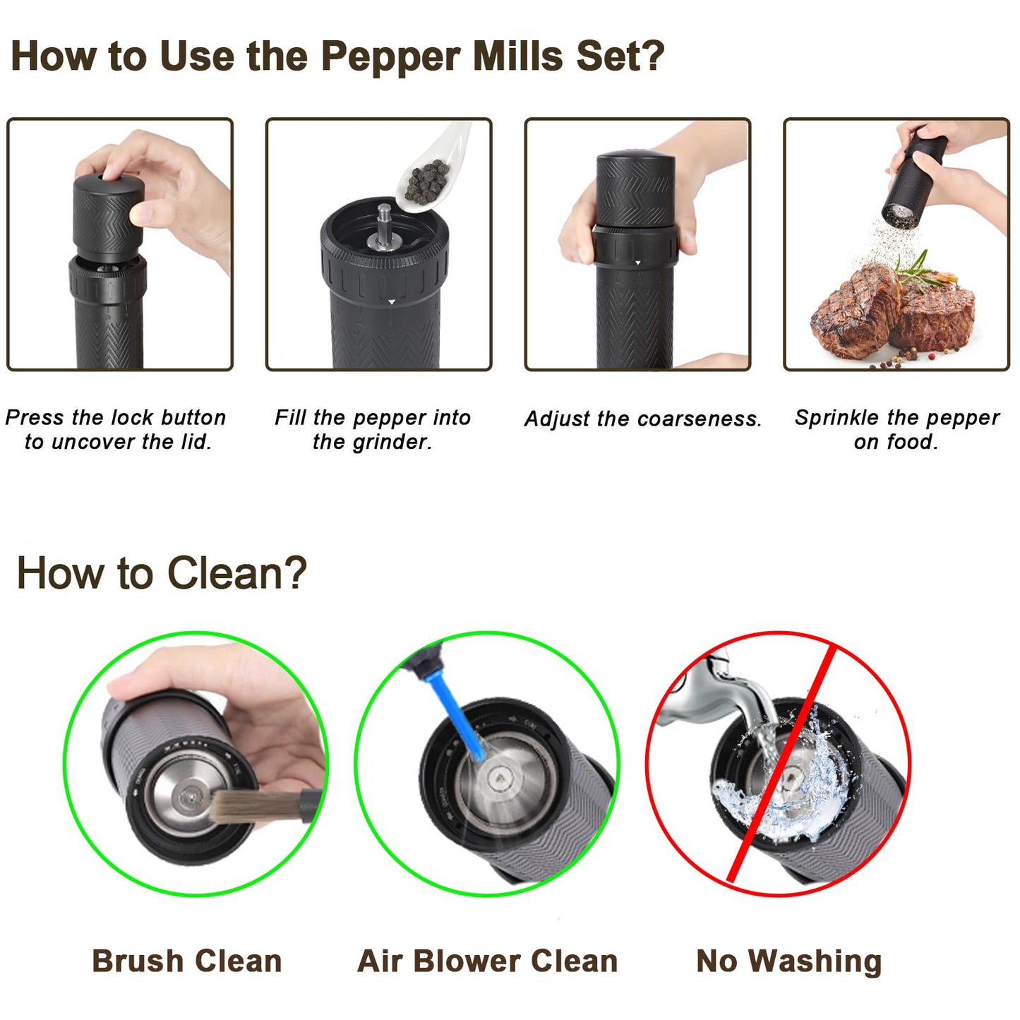 Heavy Duty Manual Pepper Grinder Mill - 10X Fast Grind & External 12-Level Coarseness Adjuster, Aerospace Aluminum with Steel Burr for Kitchen, BBQ and Restaurant