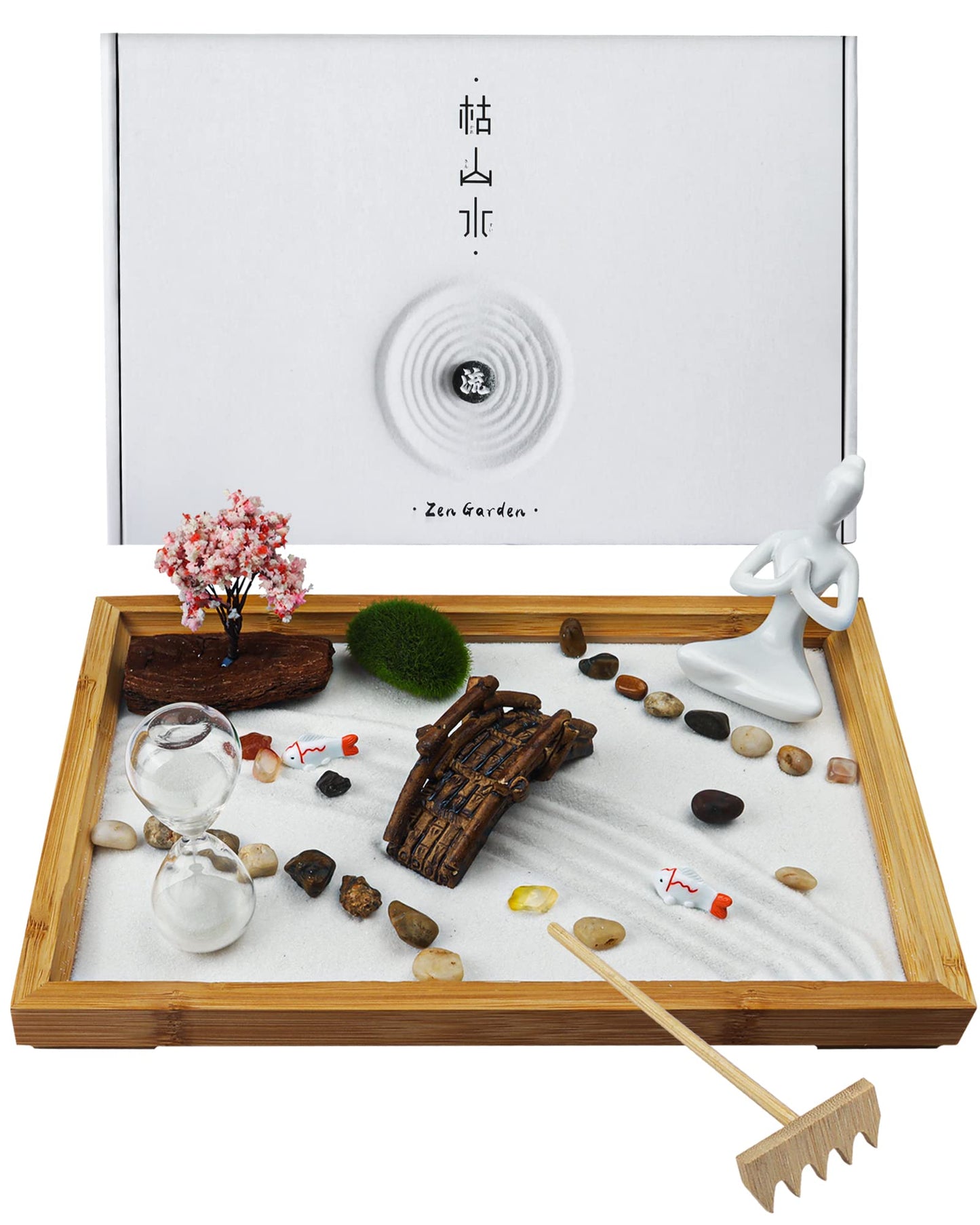 Melonva Japanese Zen Garden for Desk - Life Flows 12" x 8" Desktop Mini Zen Garden with White Sand Artificial Tree Rocks Rakes & Accessories - Meditation Zen Gifts Sand Tray Play Kit Zen Decor