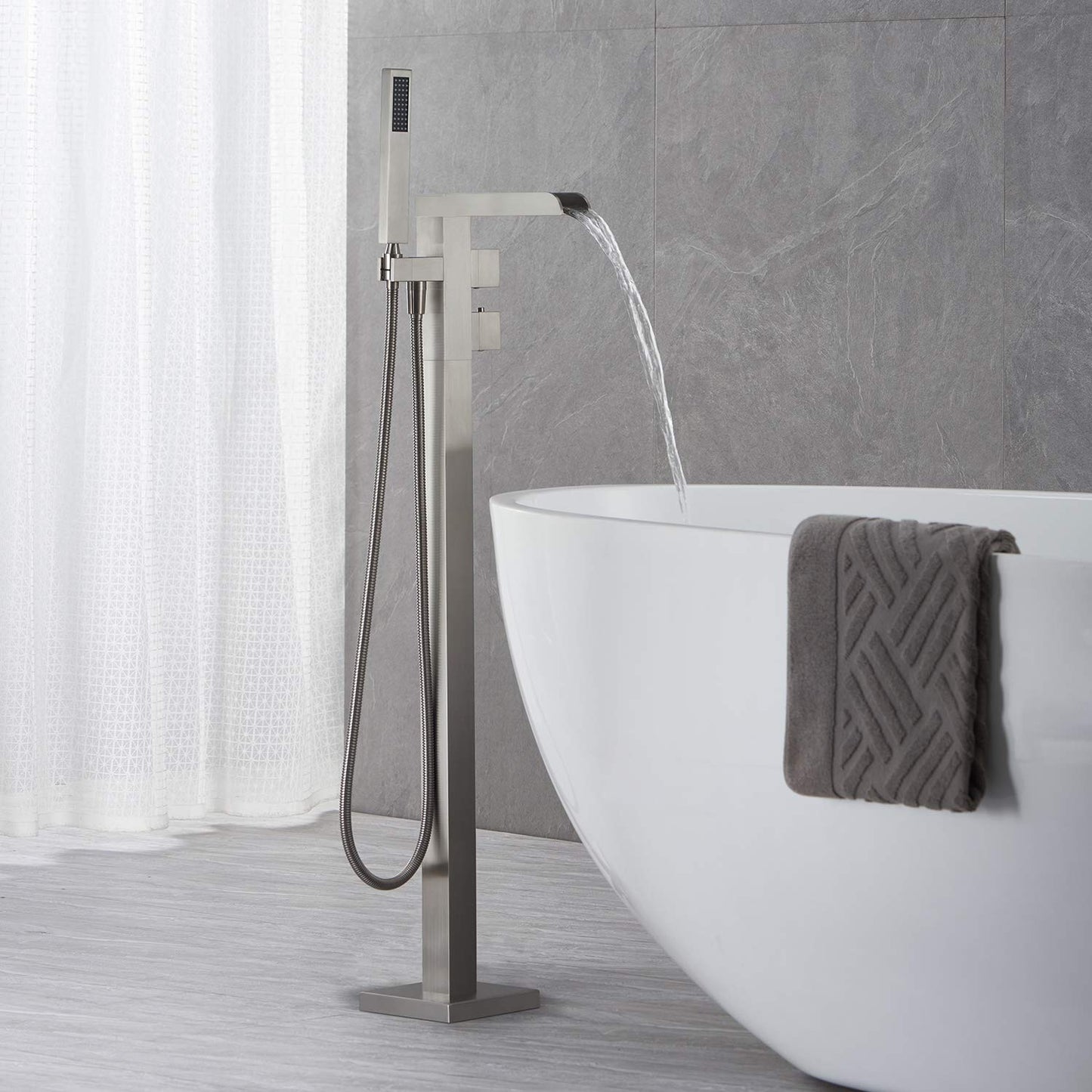 Wowkk Thermostatic Freestanding Bathtub Faucet Waterfall Tub Filler Brushed Nickel Floor Mount Brass Bathroom Faucets with Hand Shower