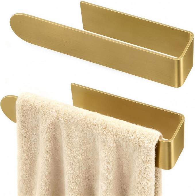 2 Pack Gold Hand Towel Holder, Adhesive Towel Bars Wall Mounted, 8 Inch Square