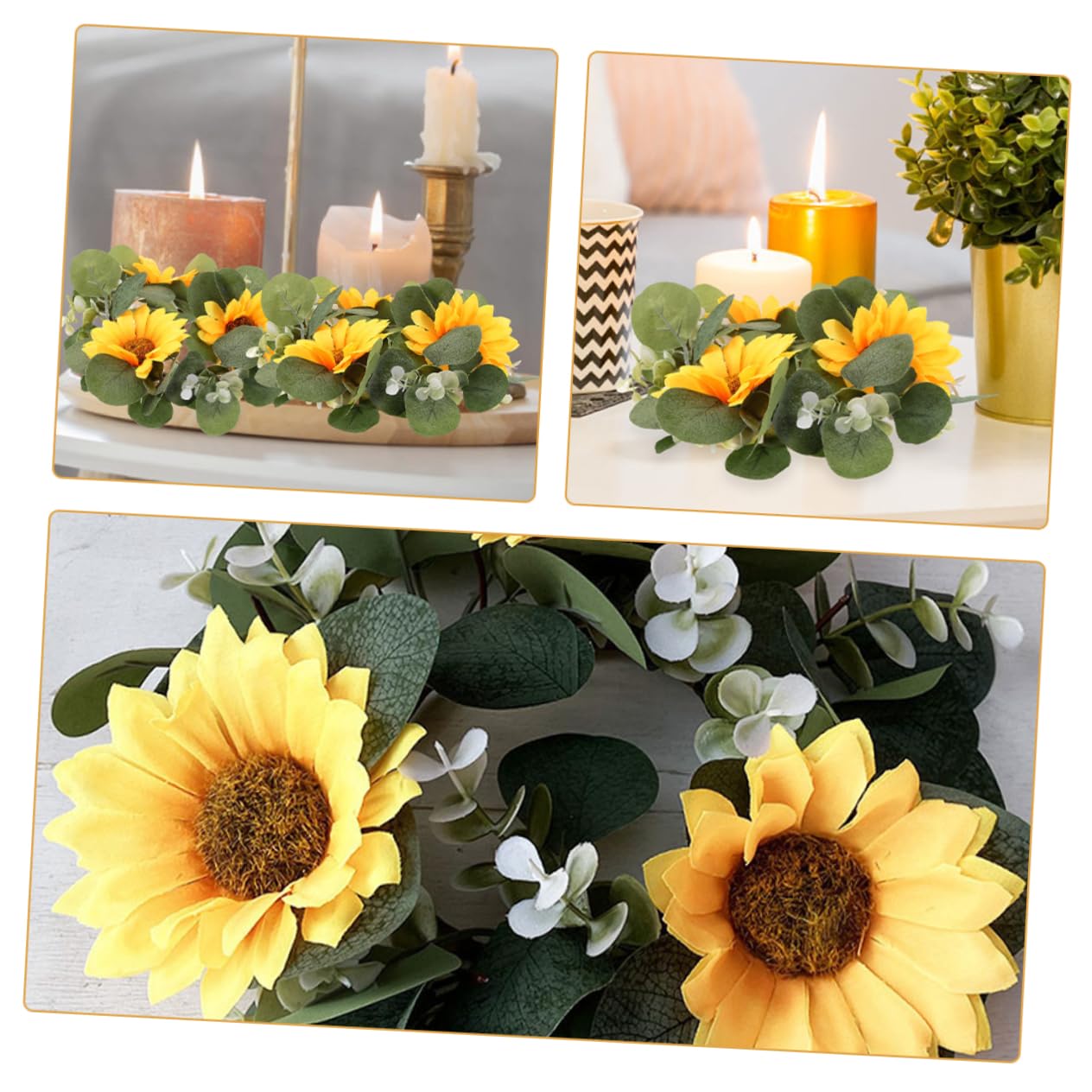 Ciieeo 2pcs Sunflower Eucalyptus Candle Wreaths for Spring Decor Lifelike Floral Centerpieces for Weddings and Home Farmhouse Style Candle Decoration