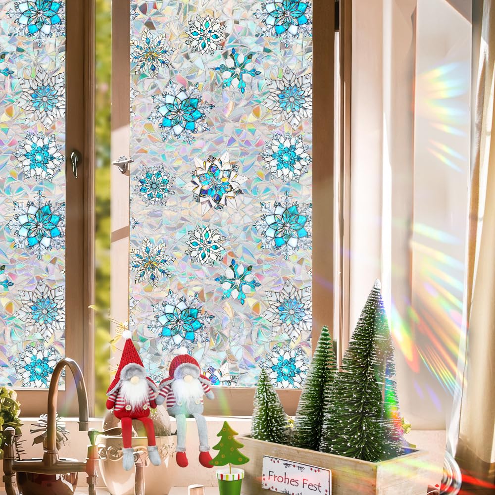 Snowflake Window Film, Stained Privacy Rainbow Window Sticker, Christmas Glass Decals, Static Cling Non Adhesive Door Clings UV Blocking, 17.7" x 43.3"