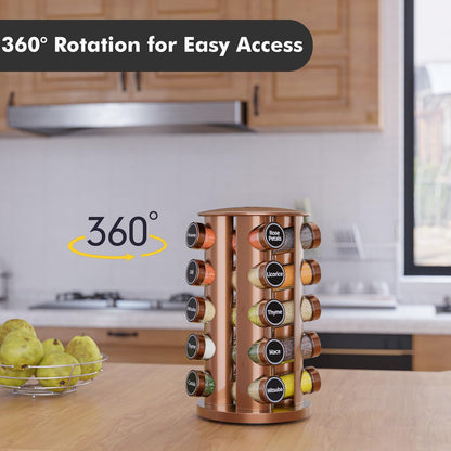 Revolving Spice Rack Set with 20 Spice Jars, Kitchen Spice Tower Organizer for Countertop or Cabinet -- Carousel Storage Includes 386 Spice Labels -- Desktop Rotating Seasoning Organizer