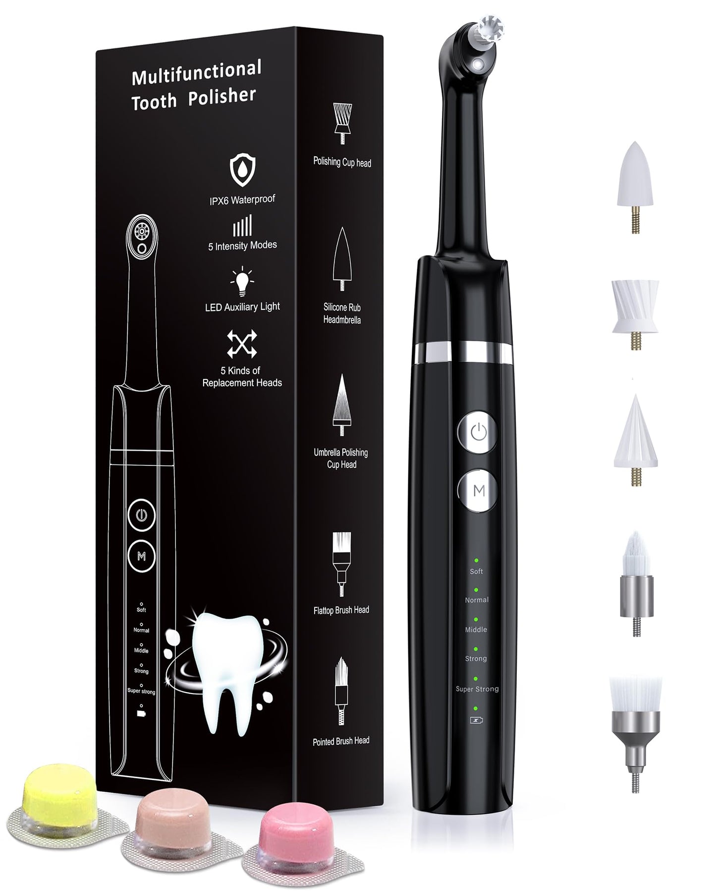 Tooth Polisher, Rechargeable Tooth Whitening Kit for Teeth Cleaning and Whitening, with 3 Tooth Polish Paste and 5 Brush Heads, LED Light, Easy to Use at-Home Personal Dental Care Kit (Black)