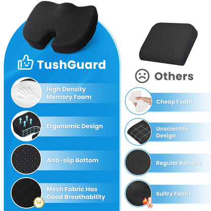TushGuard Office/ Car Seat Cushion, Non-Slip Sciatica & Back Coccyx Tailbone Pain Relief Chair Pad, Memory Foam Butt Pillow for Computer Desk, Wheelchair, Driving (Black)