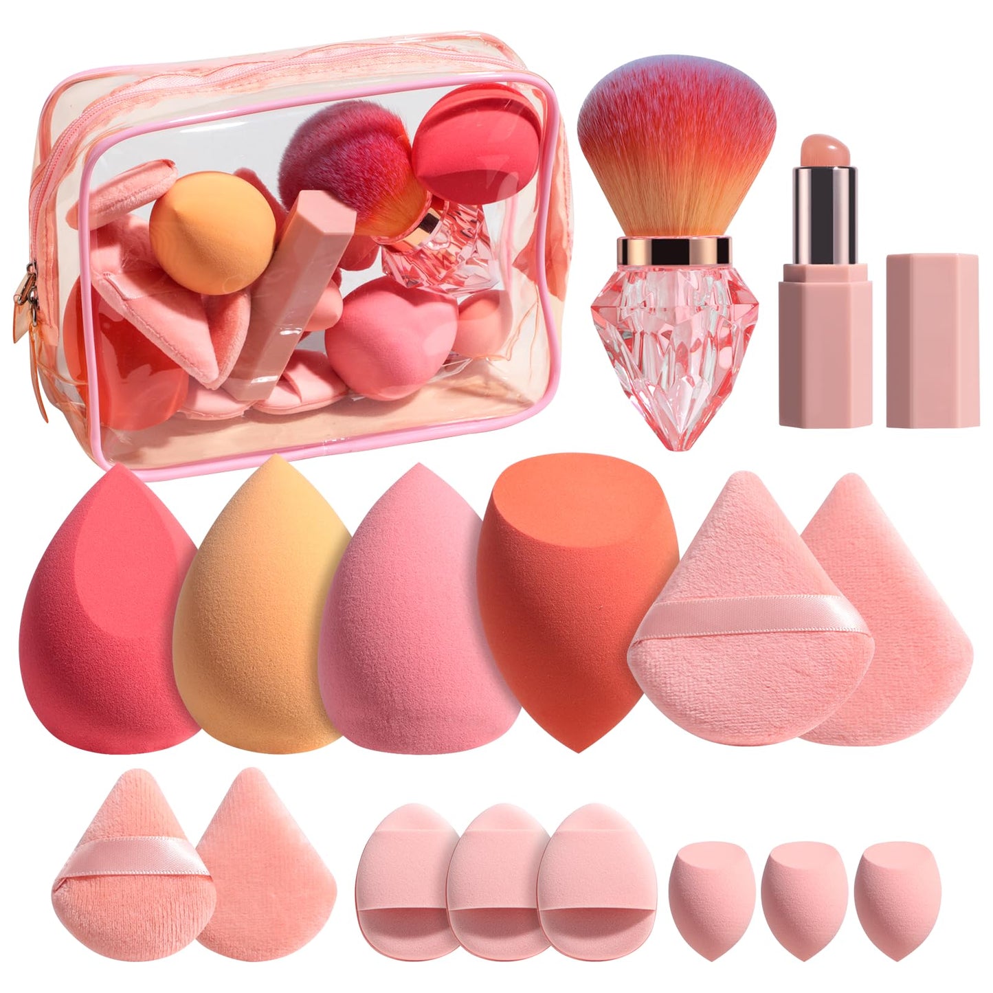 BS-MALL 14 Pcs Portable Makeup Sponge Set With Diamond-shaped Kabuki Powder Brush - Beauty Blender Sponge, Triangle Puff And Multi-functional Sponges For Liquid, Cream,With Travel Case (Orange Pink)