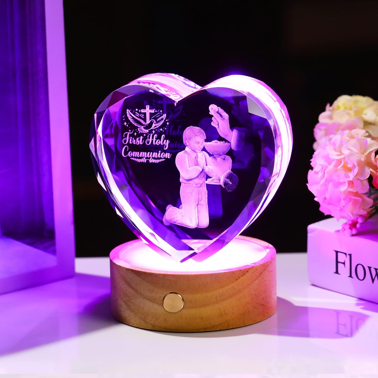 Arikyrist 3D Crystal First Holy Communion Gifts for Boys Men Crystal Heart Laser Engraving Communion Baptism Statue with Wooden Light Base Glass Religious Catholic Christian Decor