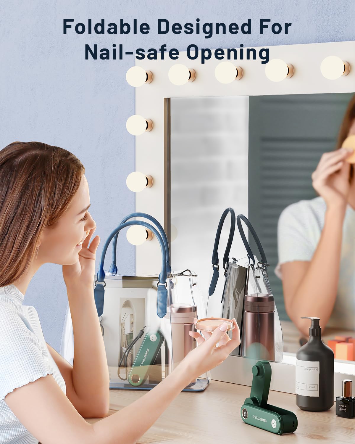 SWEETFULL Portable Handheld Mini Fan with LED Display, 3-in-1 Personal Foldable USB Rechargeable Hand Held Fan & Flashlight for Travel, Lash Eyelash, Cute Small Pocket for Women, Girls