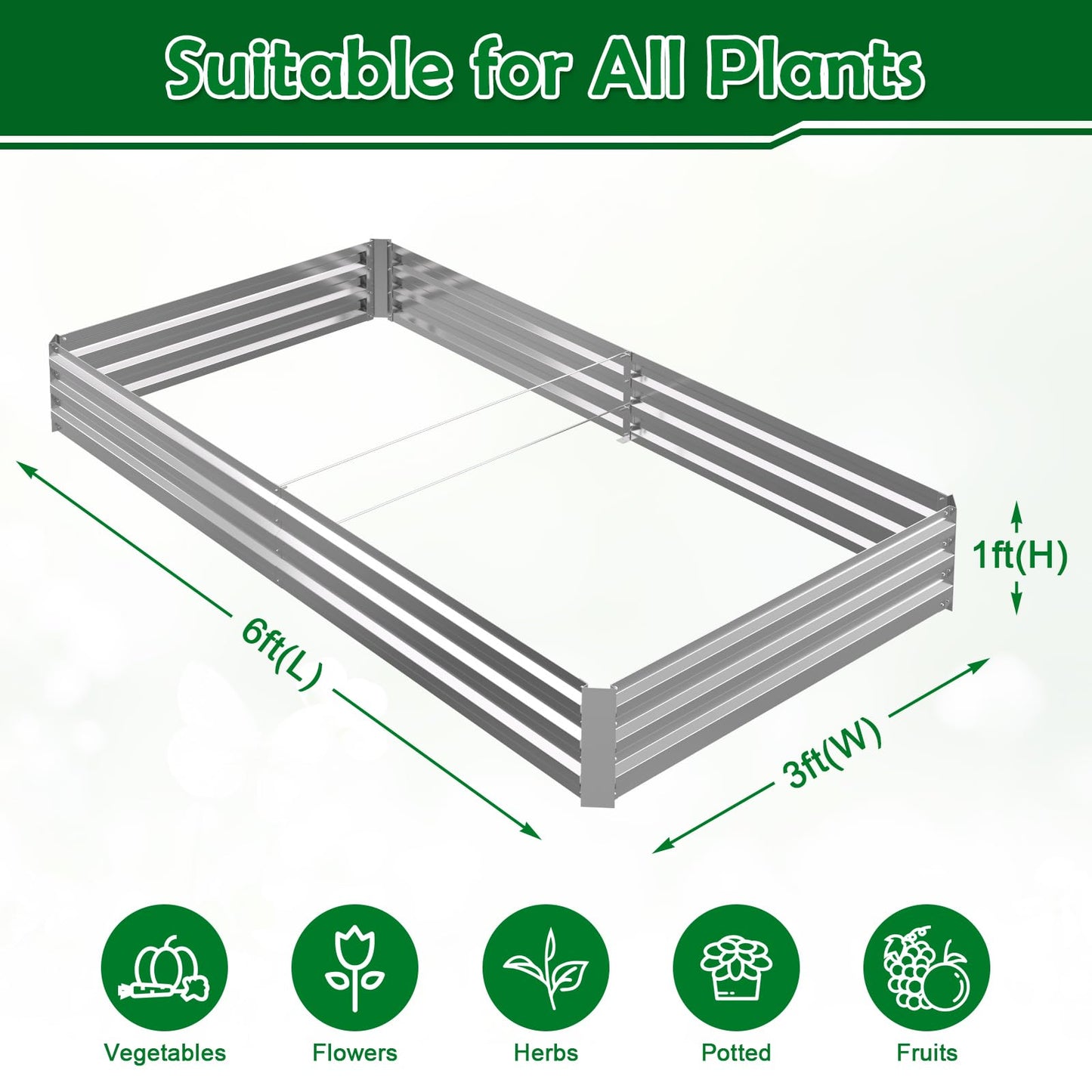 Tegarbed 6x3x1FT Galvanized Raised Garden Bed Outdoor Patio, Large Rectangular Metal Planter Boxes,Plant Container Kit for Gardening, Vegetables, Flowers, Herbs,Silver,1 Pack