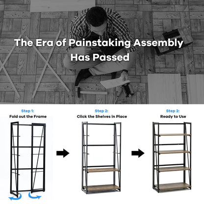 Giantex 4-Tier Bookshelf, No-Assembly Folding Industrial Storage Shelves w/Anti-Tipping Wall Bolt, Large Storage Space Display Rack and Freestanding Storage Organizer