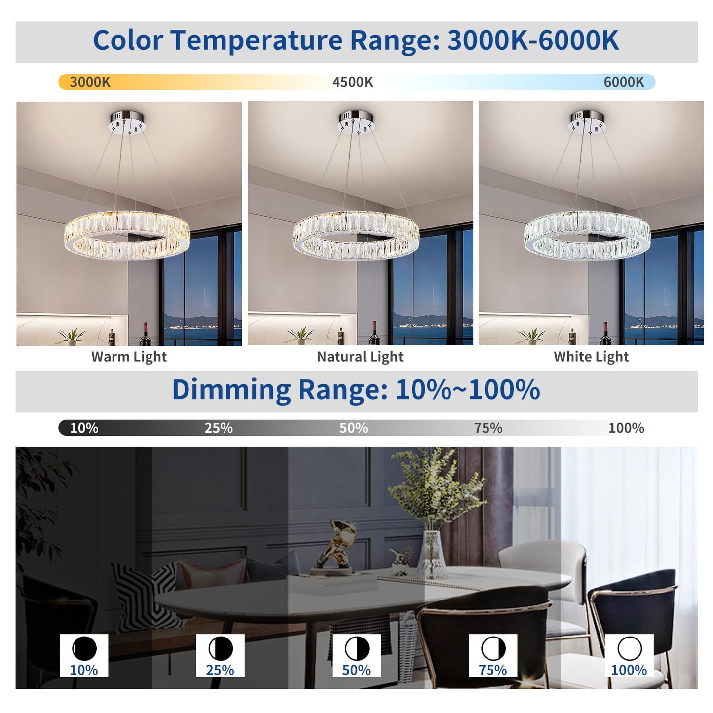 Depuley Modern LED Crystal Chandelier: 19.7" Ring Dimmable Pendant Light Adjustable for Dining Room - 30W Round Crystal Chandeliers for Bedroom Kitchen Over Table Living Room Porch Foyer