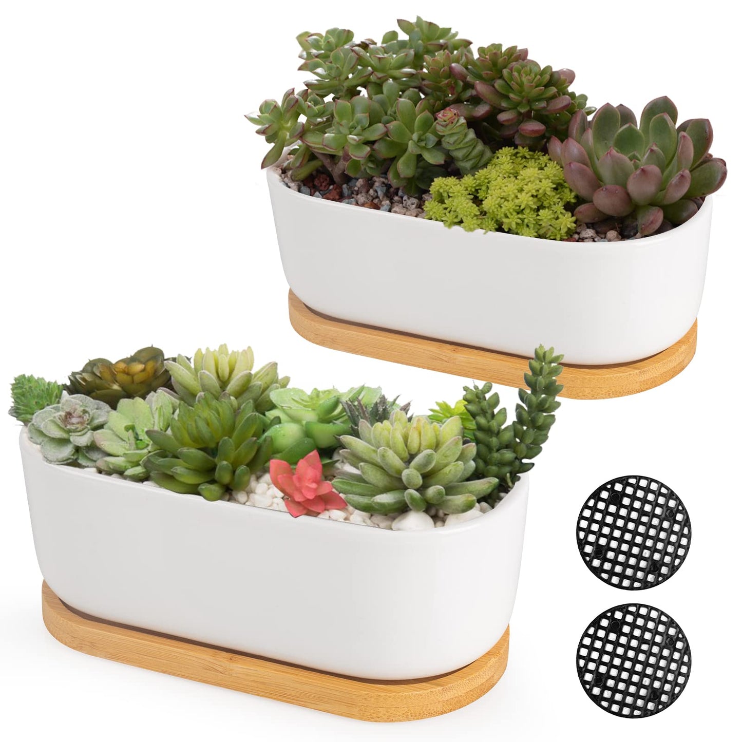 ARVINKEY White Ceramic Succulent Plant Pots, Indoor and Outdoor Succulent Planters, Set of 2 Small Cactus Containers, Bonsai Pots, Flower Pots with Drainage Hole and Bamboo Bowl (No Plant)
