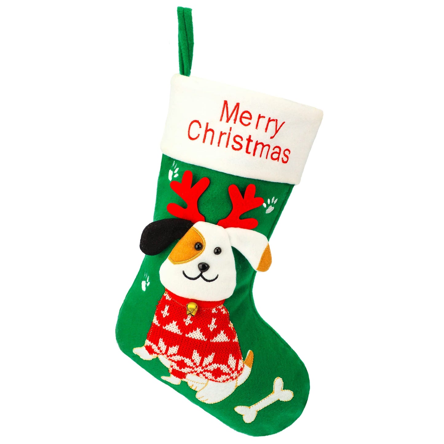 Hopearl 16'' Dog Christmas Stocking 3D Pet Holder Puppy Ornament Gifts Bags for Pets Decoration Holiday Party Supply Seasonal Ornament, Green