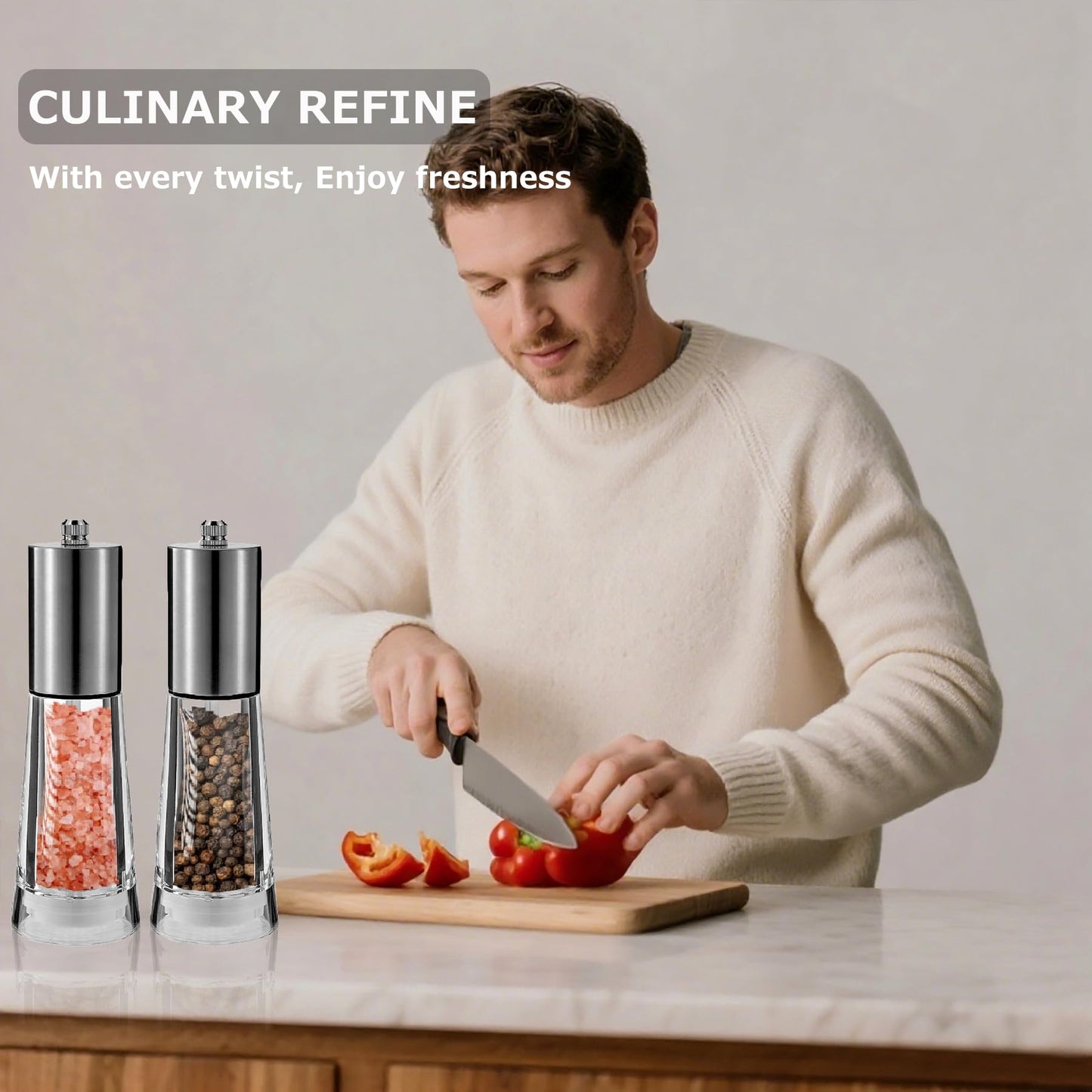 Salt and Pepper Grinder Set, Acrylic Pepper Mill with Adjustable Coarseness Wooden Pepper Grinder, Manual Salt Shake Refillable for Kitchen, Pack of 2 (Stainless Steels)
