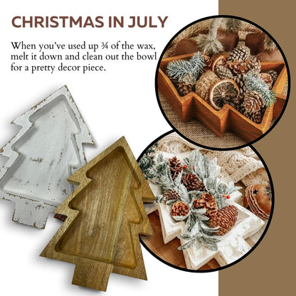 Dough Bowl Candle Co. Christmas Tree Shaped Candle - 14x10x2 6 Wick Brown Large Wooden Bowls for Decor, Mistletoe, Pine, Fir, Cedarwood Scented Decorative Wood Bread Bowl, Rustic Vegan Holiday Gift