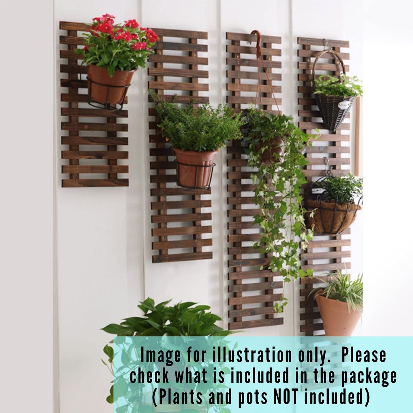 ShopLaLa Bundle - 6" Pot + Wooden Plant Holder, White Large Metal Flower Pot, Vertica Hanging Planters for Indoor Plants, Wall Mounted Plant Stand Ladder Outdoor Display Garden, Wooden Trellis Plants