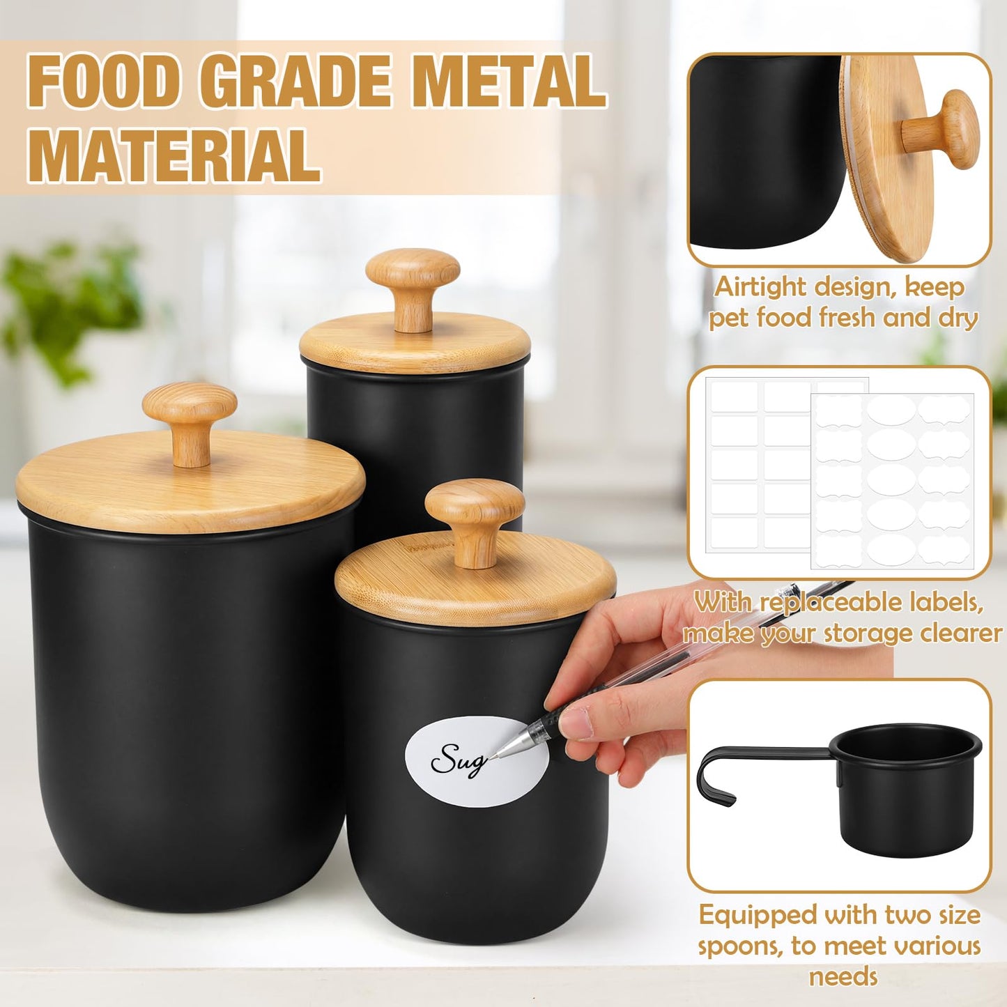 Remerry Metal Kitchen Canisters for Countertop Set of 3 Sugar Flour Canisters Set with Airtight Bamboo Lids Kitchen Jars with Spoon DIY Labels for Coffee, Tea, Spice, Sugar, Salt(Black)