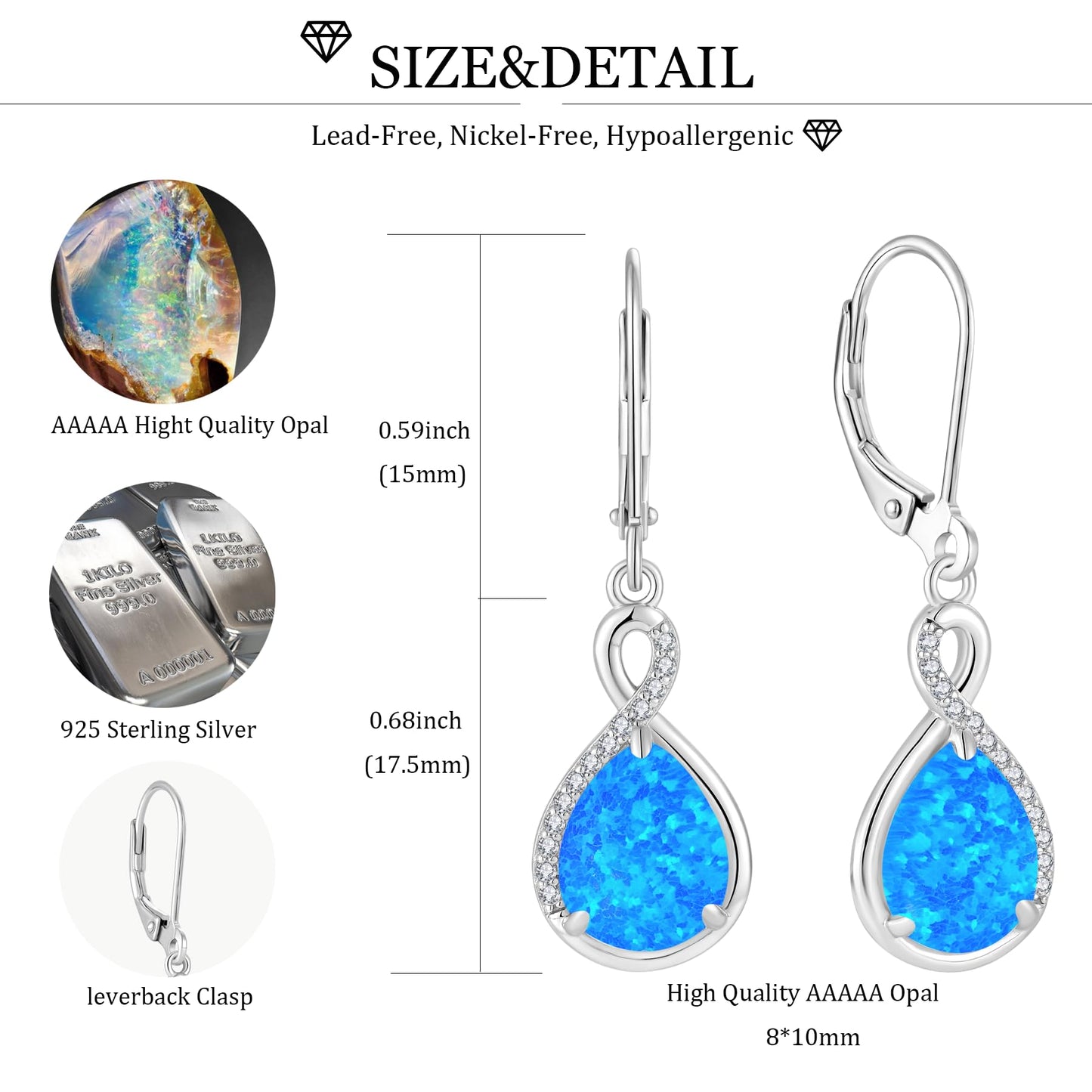 FYNSBLE Blue Opal Earrings for Women Sterling Silver Infinity Opal Dangle Drop Leverback Earrings Hypoallergenic Jewelry for Women