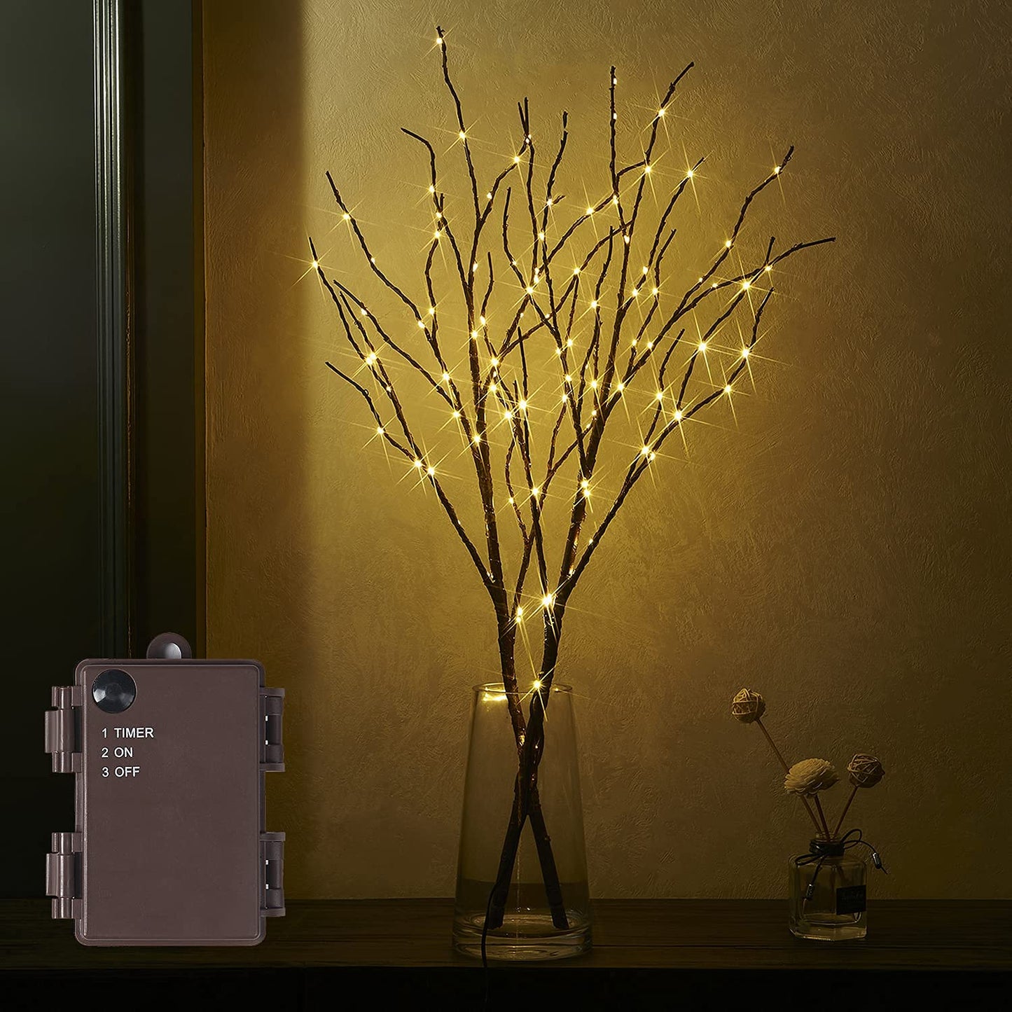 Fudios Lighted Brown Branches with Timer 32 in 100 LED for Vases Battery Operated, Artificial Willow Branch Twigs with Warm White Lights for Christmas Holiday Party Decor