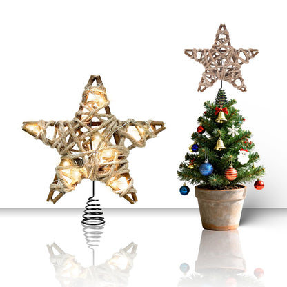 LAWOHO Christmas Tree Topper Retro Woven Star with Lights, Farmhouse Christmas Decor, Mini Rustic 6 Inch Star with 6H Timer, Light Up Christmas Tree Decorations, for Xmas Tree, Holiday, Party