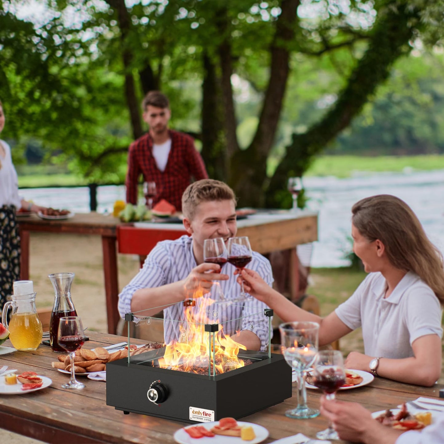 ONLYFIRE OUTDOOR LIVING 15.7" Portable Propane Gas Fire Pit Side-Mounted, Modern Tabletop Fireplace Smokeless Firepit with Glass Wind Guard for Patio Camping RV Tailgating, 23000BTU, Square FP040