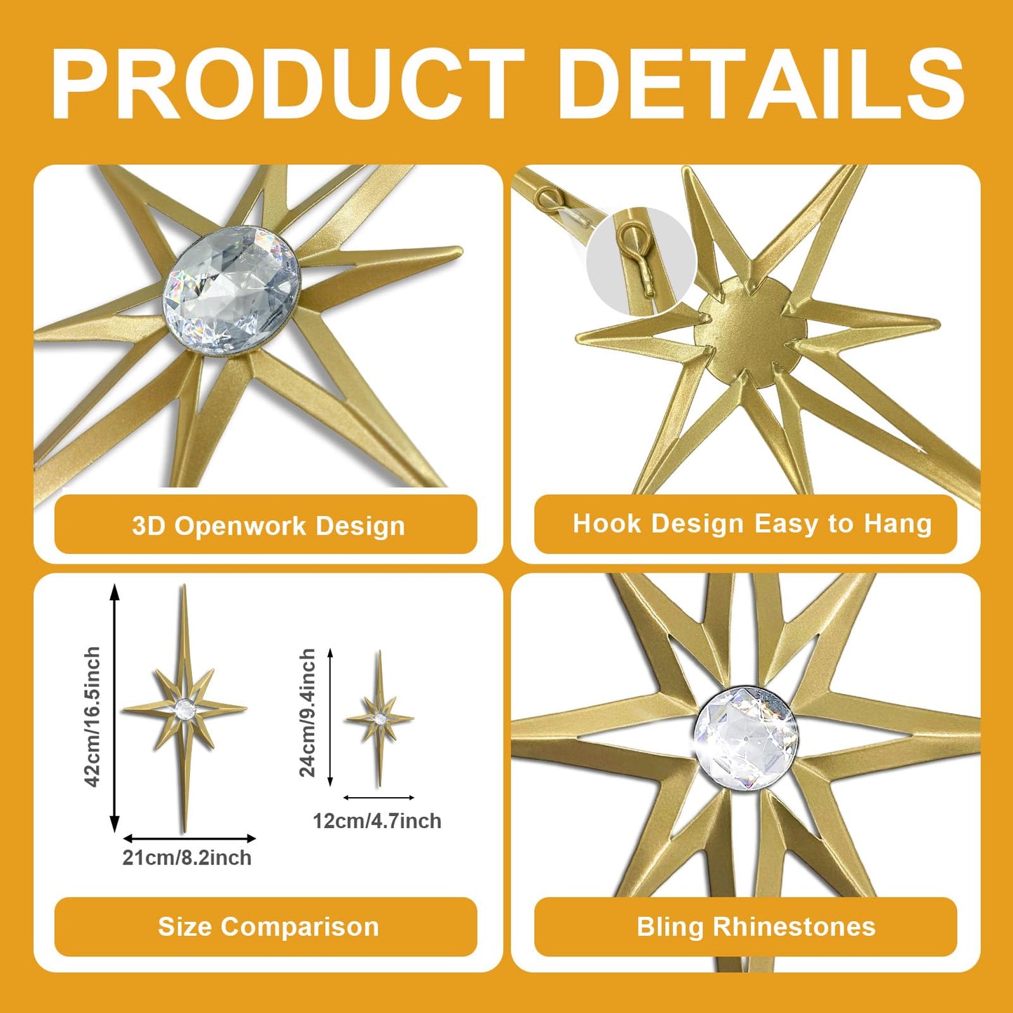 sxnzequnze 4 Pcs Star Wall Art for Home Decor Living Room Bedroom Office Metal 3D,Bling,with Hanging Hook Starburst Midcentury Sculpture Retro Gallery Accent Celestial -Gold 16.5in/9.4in