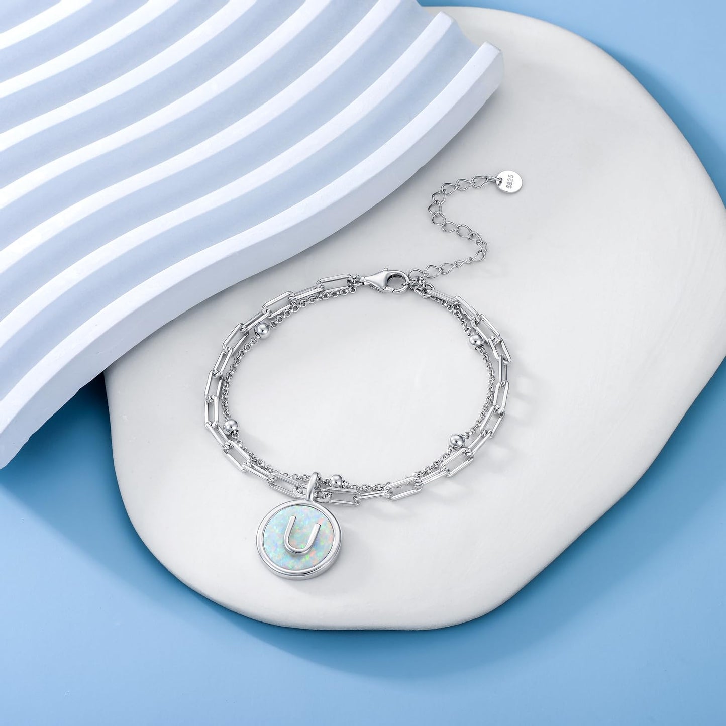 LWQQWL Initial U Bracelet for Women 925 Sterling Silver Layered Initial Bracelet Opal Letter 26 Alphabet Jewelry Christmas Gifts