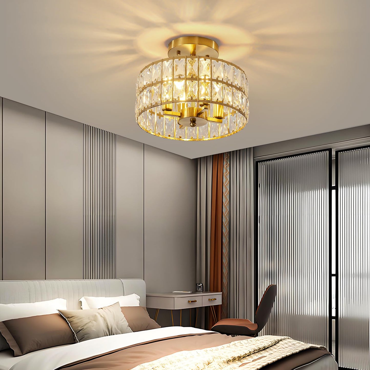 SeeU Modern Crystal Ceiling Light Fixture Brass Semi Flush Mount Ceiling Light Chandelier 4 Heads Crystal Chandelier
