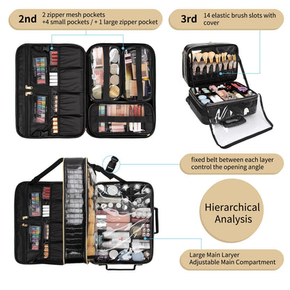 OCHEAL 18 Inch Rolling Makeup Train Case, Extra Large Travel Cosmetic Organizer Storage Trolley with Wheels, 3 Layers & 3 Travel Makeup Bags Carry On for Hairstylist Cosmetology Artist