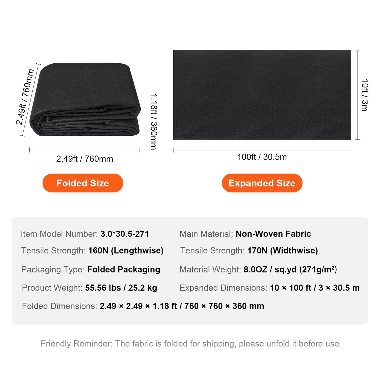 VEVOR Geotextile Landscape, 10ft x 100ft 8 oz Non-Woven PP Drainage 350N Tensile Strength & 440 N Load Capacity, for Ground Cover, Garden Fabric, French Drains, Black