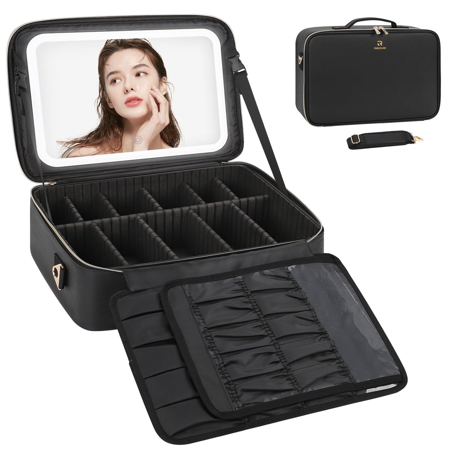 Relavel Travel Makeup Bag With LED Mirror, Cosmetic Train Case with Light up Mirror, Portable Makeup Artist Organizer Bag with Adjustable Dividers, Makeup Brush Holder Storage, Black