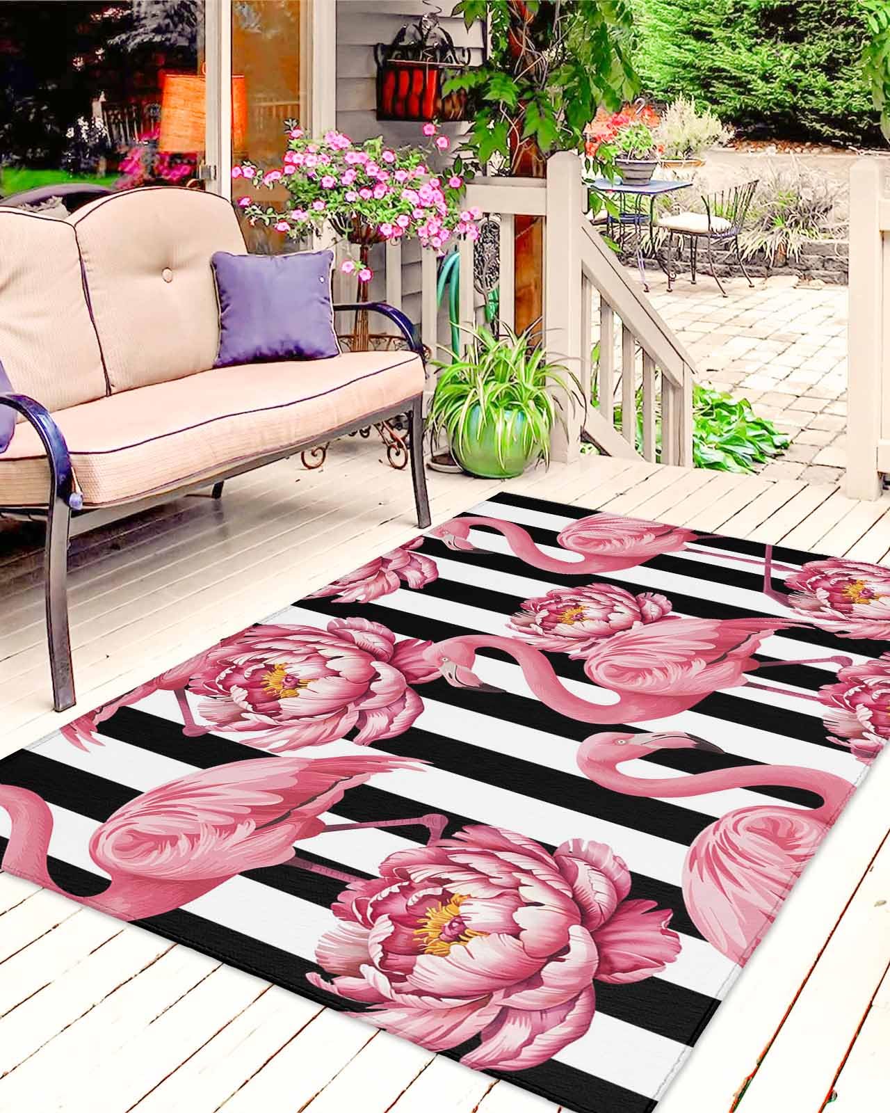 Outdoor Rug 4x6 ft Pink Floral Flamingos Outdoor Large Area Rug Non Slip Rubber Black Stripes Front Door Mat RV Rug Camping Carpet Patio Outdoor Rugs for Backyard Balcony Deck Porch Indoor Outside