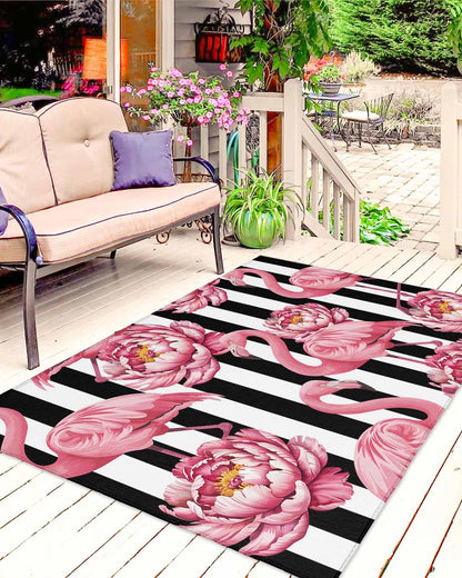 Outdoor Rug 4x6 ft Pink Floral Flamingos Outdoor Large Area Rug Non Slip Rubber Black Stripes Front Door Mat RV Rug Camping Carpet Patio Outdoor Rugs for Backyard Balcony Deck Porch Indoor Outside