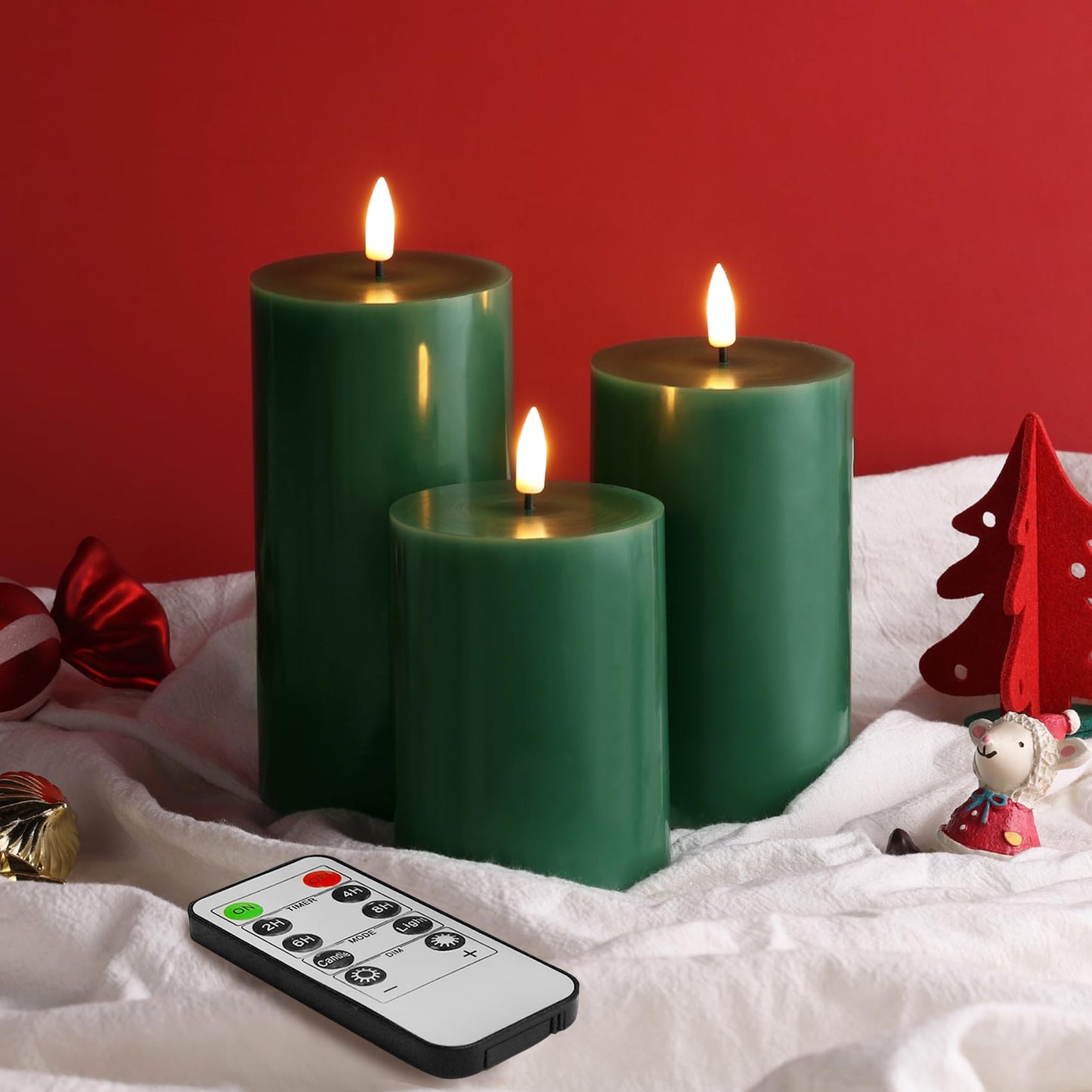 Eywamage Green Christmas Flameless Pillar Candles with Remote, Flickering Battery Operated LED Wax Candles Set of 3