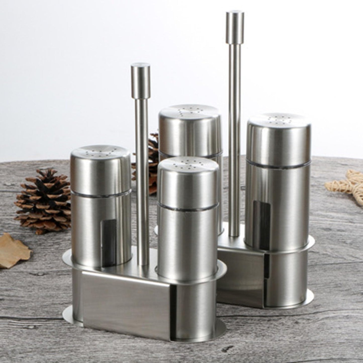 Salt and Pepper Shakers Set, Stainless Steel Seasoning Bottle with Holder, Refillable Salt Pepper Dispenser Spice Containers for Home Kitchen Countertop, BBQ, Bar, RV, Camp (L)