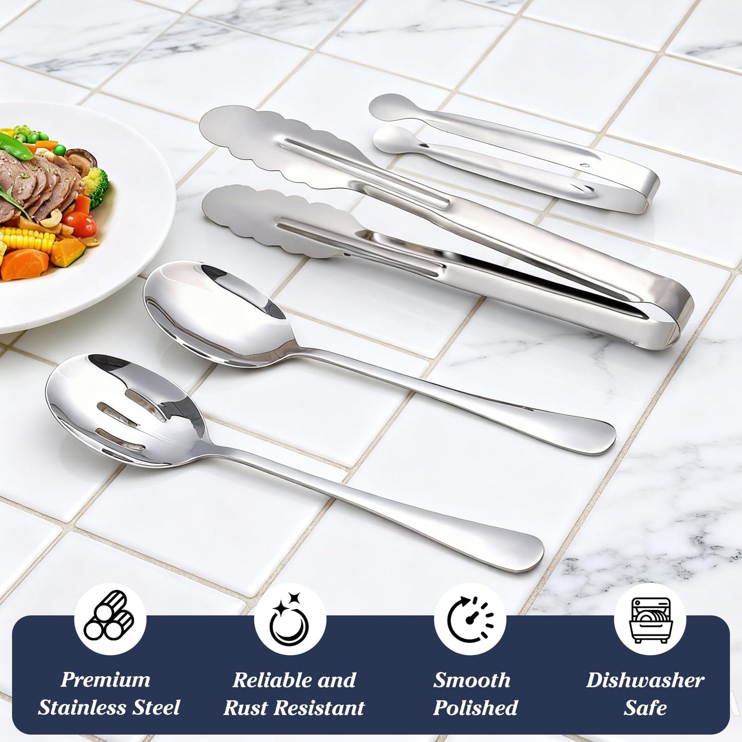 Mwellewm 18Pcs Serving Utensils, Serving Spoons for Buffet, Serving Tongs for Food, Slotted Spoons, Stainless Steel Banquet Cutlery Set for Parties Weeding Birthday Entertaining Catering(Silver)