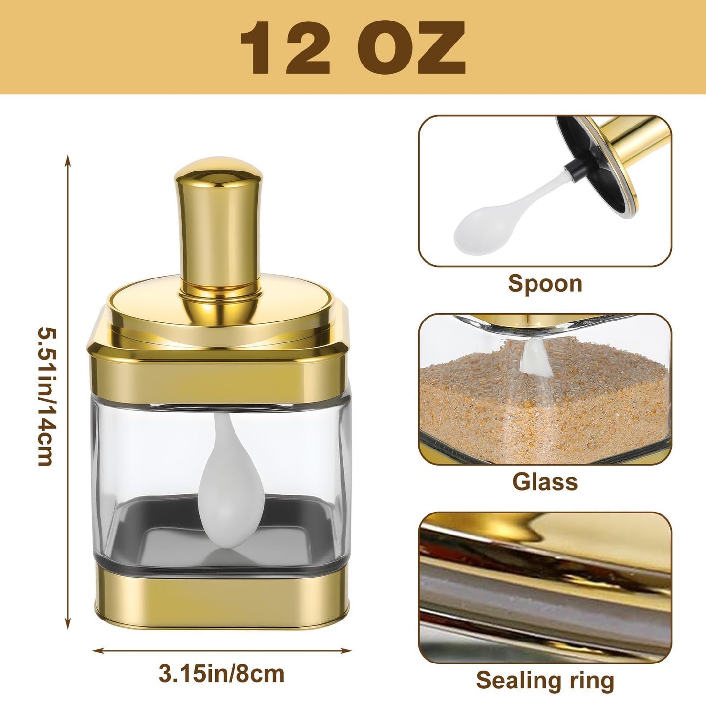Hpmjz 2 PCS Glass Condiment Containers Gold Spice Jars with Lids and Spoons Seasoning Pot Set Salt Box Sugar Dispenser for Kitchen Dining Room Counter Flour Sugar