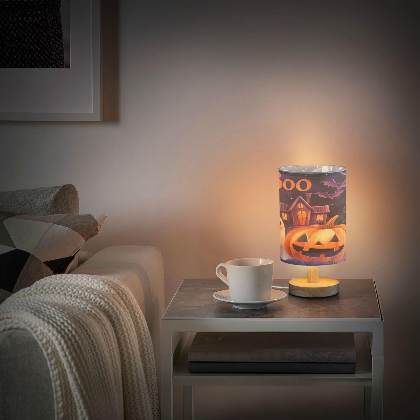 Dussdil Halloween Ghost Pumpkin Table Lamp Bedroom Bedside Night Reading Desk Lamps Bat Owl Cylinder Nightstand Sleeping Light Lamp for Kids Living Room Office Decor