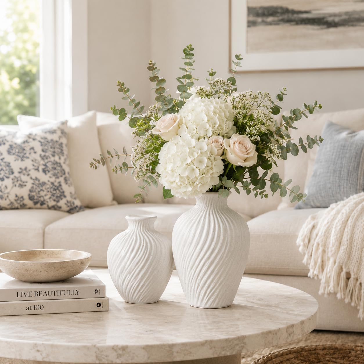 White Ceramic Vase Set of 2 - Modern Flower Vases for Home Decor - Rustic Textured White Vase for Living Room Decor - 8.65×5.5 & 5.5×5.5 Inch Round Vases for Dining Table Centerpiece Decoration