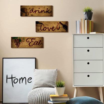3 Pieces Red Wine Wall Art Wooden Barrel Wall Plaque Love,Eat,Drink Wood Signs Food Kitchen Decor Fruit Grape Wall Decor Retro Wine Cup/Bottle Picture for Dining Room Wine Cellar Artwork (Black)