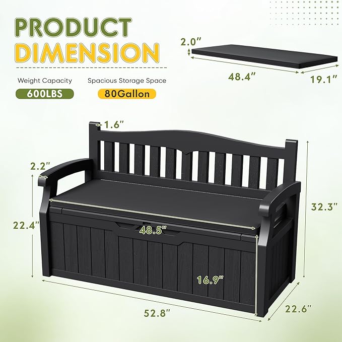 Greesum 80 Gallon Outdoor Storage Bench Deck Box with Cushion & Armrest, Lockable, Waterproof UV Resistant, Comfortable Seating for Patio, Pool, Garden, Black