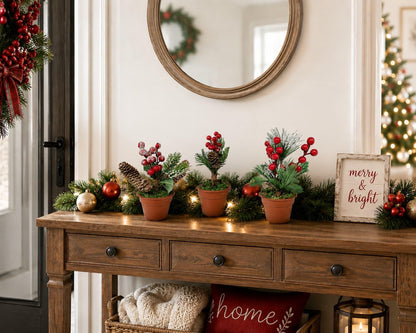Christmas Tabletop Decorative Pots Set of 3 – Snow Flocked Pine Greenery with Red Berries & Pine Cones – Rustic Farmhouse Xmas Holiday Centerpiece Decor – 7.5 Inch Tall Winter Decorations for Home