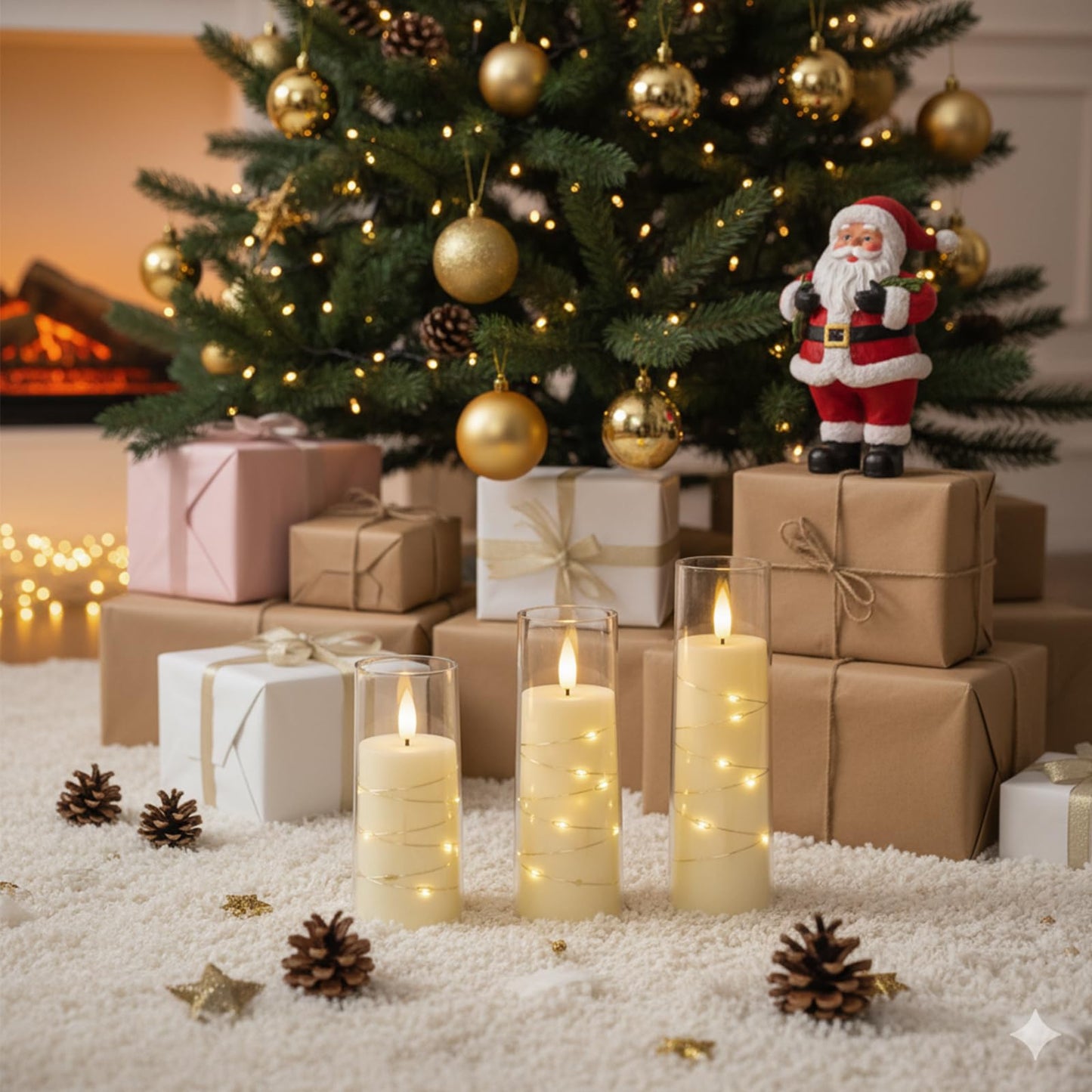 Raycare Flameless Candle with Remote Timer 7 Flickering Acrylic Battery Operated LED Pillar Candles with Embedded Star String for Christmas, Wedding, Home Table Decor, and as a Gift (Ivory White)