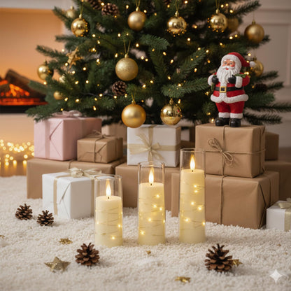 Raycare Flameless Candle with Remote Timer 7 Flickering Acrylic Battery Operated LED Pillar Candles with Embedded Star String for Christmas, Wedding, Home Table Decor, and as a Gift (Ivory White)