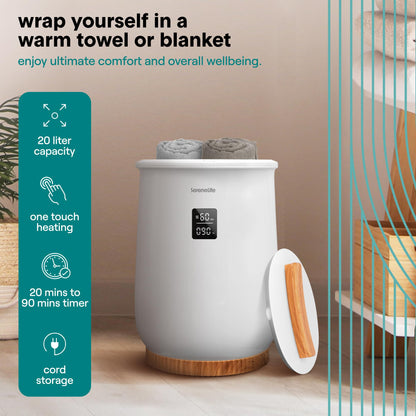 SereneLife Towel Warmer, 20L Capacity Hot Towel and Blanket Warmer with Digital Display, Adjustable Heating Time (20-90 min), Holds 2 Large Towels, Fragrant Disc Holder, 13” x 13” x 19” - inches