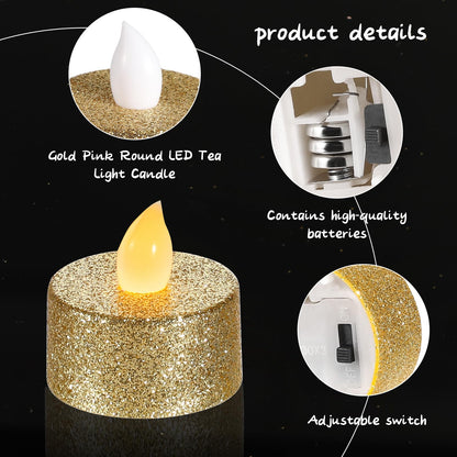 Mudder 24 Pieces Gold Tea Lights LED Candles Tealights Flameless Votive Battery Operated Tea Lights Electric Glitter Tealight for Holiday, Festival Gift, Wedding, Birthday,Home, Party Decor
